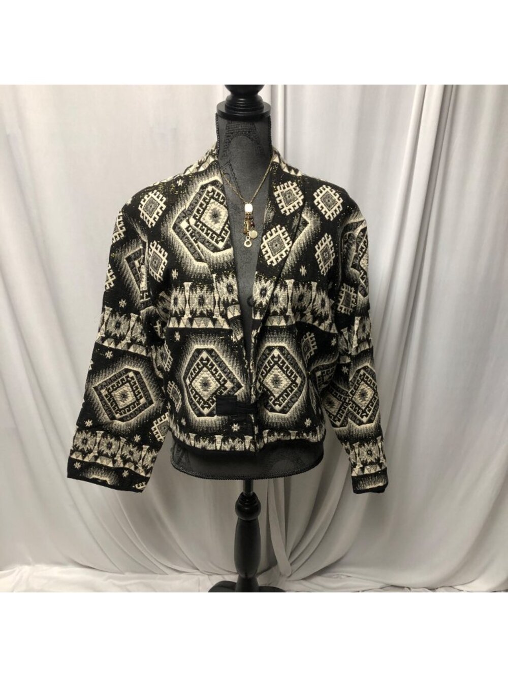 Flashback Tapestry Jacket Womens Large Black Cream Western Cotton Cropped VTG